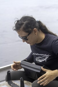 Pesquisadora monta o visor do sonar para acompanhar as imagens geradas durante o deslocamento pela cabeceira do Lago Amanã - Autor: João Alkmim 